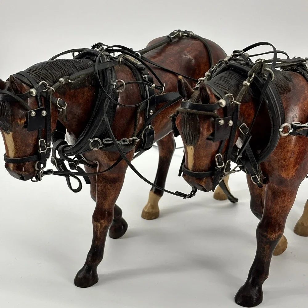 Rare Vintage Wooden Horses  With Tooled‎ Leather Bridle Reins Draft Team